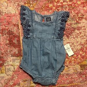 GAP Light Blue Denim Baby Romper with Navy Floral Accents